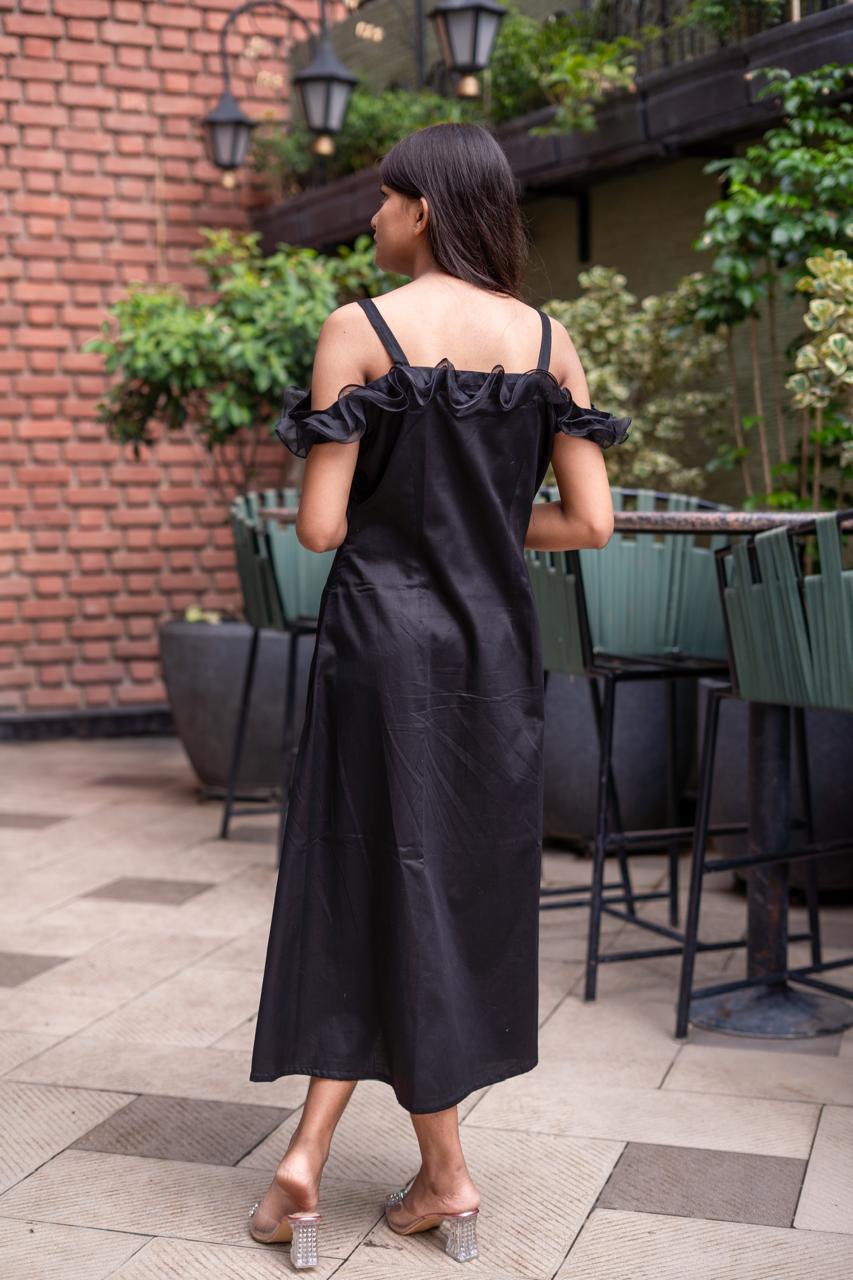 Black Ruffle Cold Shoulder Midi Dress