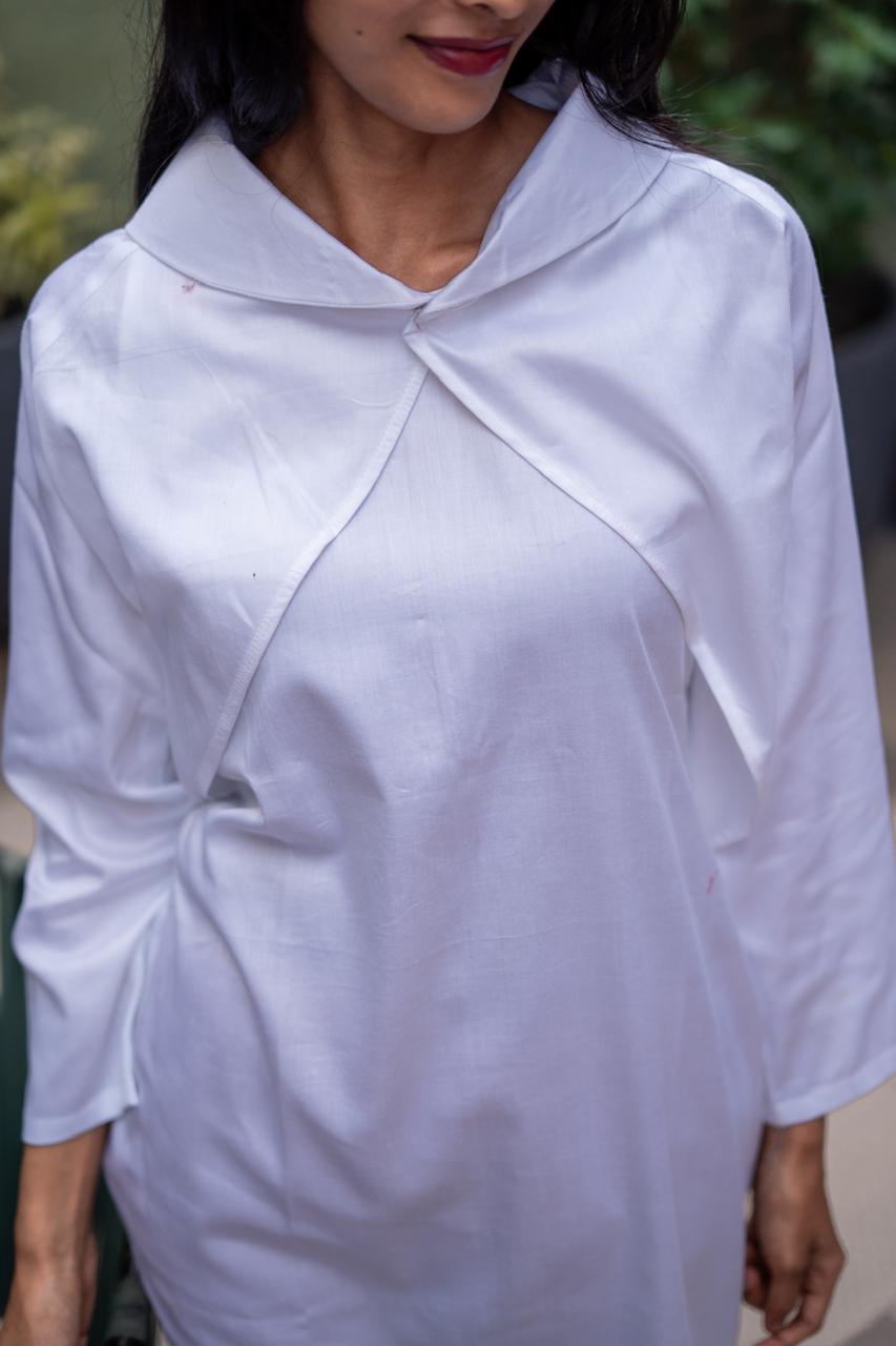 White Lapel Neck Shift Dress