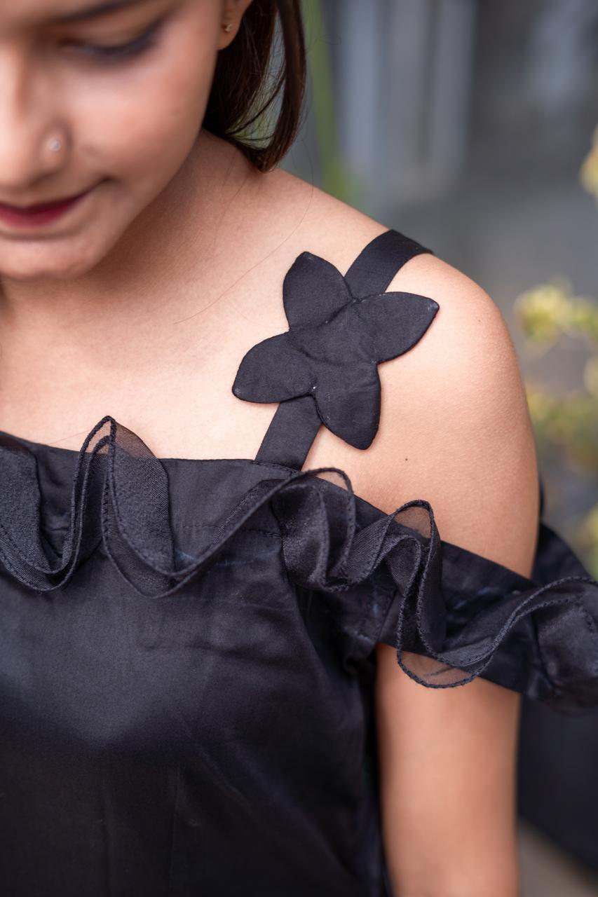 Black Ruffle Cold Shoulder Midi Dress