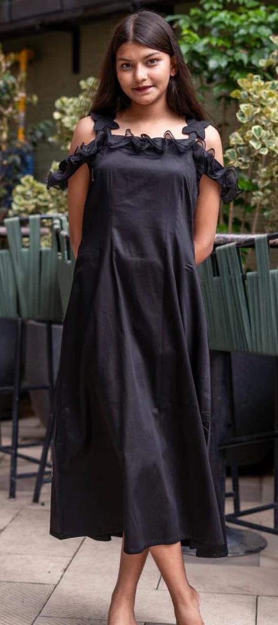 Black Ruffle Cold Shoulder Midi Dress