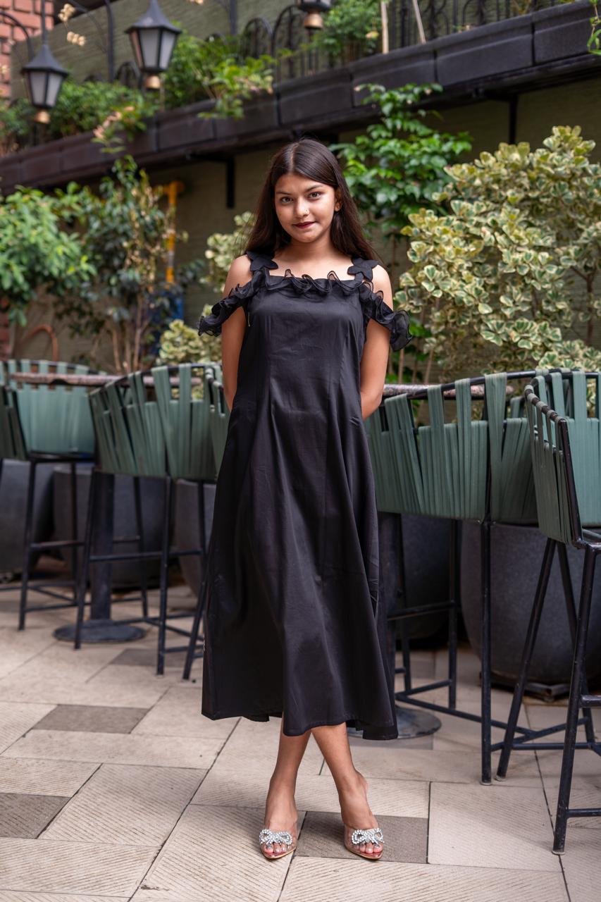 Black Ruffle Cold Shoulder Midi Dress